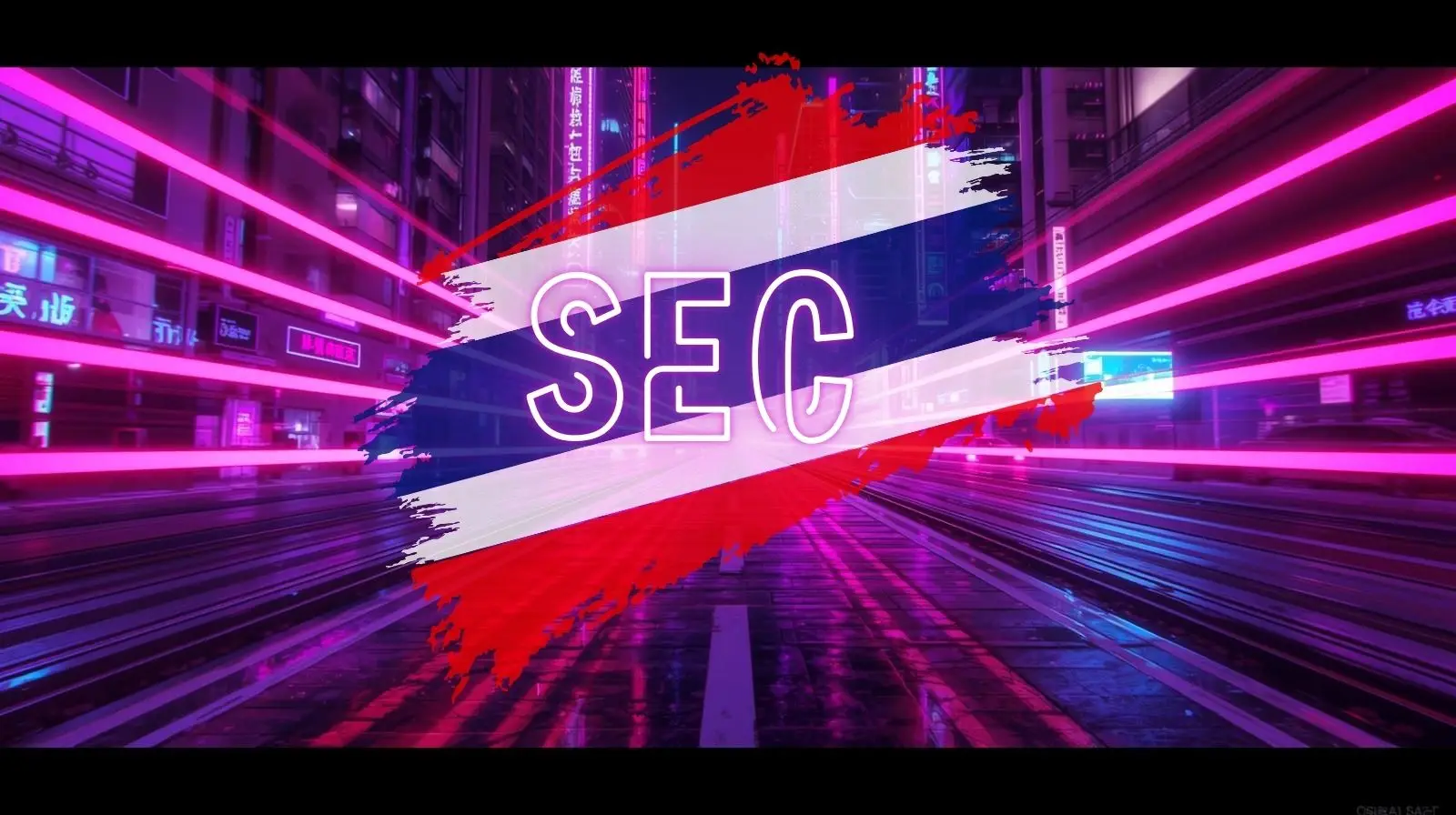 Tayland bayrağının renklerinde bir fırça darbesi üzerine yerleştirilmiş “SEC” yazısını içeren, pembe ve mor ışık izleriyle aydınlatılmış fütüristik bir neon şehir sokağı arka planına sahip grafik; Tayland’da teknoloji, düzenleme veya dijital finansı çağrıştırmaktadır.