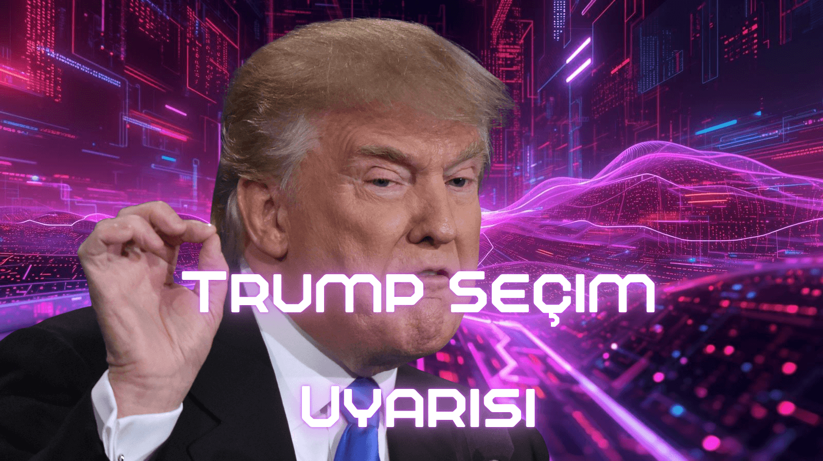 Editorial graphic of Donald Trump set against a futuristic digital background, with the Turkish headline “Trump Seçim Uyarısı” emphasizing warnings around upcoming elections.
