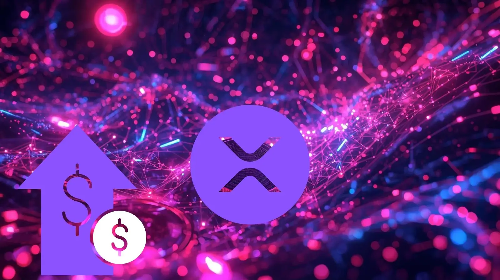 Pembe ve mor tonlarda dijital bir arka plan üzerinde, XRP logosu ile birlikte yukarı yönlü bir ok ve dolar sembolleri yer alıyor; bu da kripto para büyümesini ve yatırım potansiyelini simgeliyor.