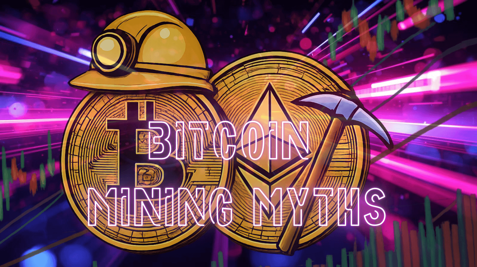 Madenci bareti takmış bir Bitcoin simgesi ile kazma taşıyan bir Ethereum simgesini gösteren stilize bir kripto para görseli. Renkli dijital fiyat grafiklerinin bulunduğu arka plan üzerinde neon yazıyla ‘Bitcoin Mining Myths’ ifadesi yer alıyor.