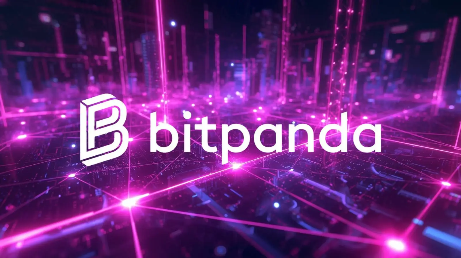 Mor ve pembe tonlarda, blokzincir veya veri ağı hissi veren fütüristik bir dijital arka plan üzerinde beyaz renkte Bitpanda logosu.