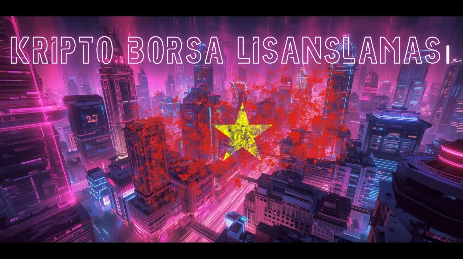 Neon pembe ve mor tonlarda fütüristik bir şehir manzarası; üst kısımda “Crypto Exchange Licensing” metni ve kırmızı bir kaplama üzerinde sarı bir yıldız yer alıyor. Görsel, dijital finans ortamında kripto borsalarının düzenlenmesi ve lisanslanmasını simgeliyor.