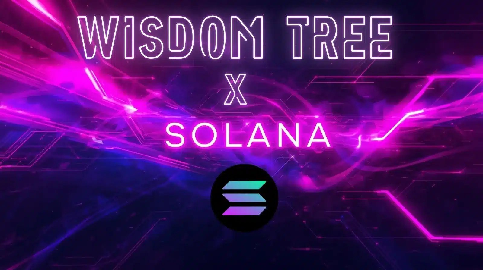 Wisdom Tree x Solana” yazısını gösteren, mor ve pembe tonlarda fütüristik ışık efektlerine sahip neon dijital grafik; altta ortalanmış Solana logosu ile bir blokzincir iş birliğini temsil ediyor.