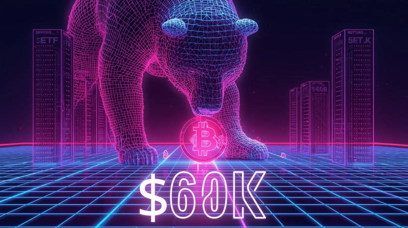 Neon pink and blue wireframe bear towering over a glowing Bitcoin symbol on a futuristic grid floor, with “$60K” displayed prominently in bright neon text. Holographic skyscraper-like data towers and stock-style charts glow in purple and blue in the background, symbolizing bearish pressure on Bitcoin’s $60,000 support level.
