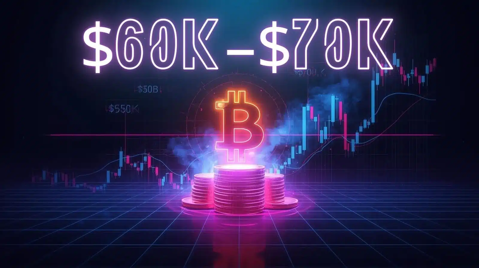 Neon-themed illustration of a glowing Bitcoin symbol hovering above stacked coins, with large “$60K–$70K” text at the top. The background features pink, purple, and blue candlestick charts and rising price lines on a dark digital grid, symbolizing strong price support and bullish momentum.
