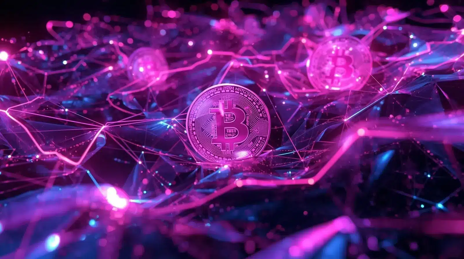 Several Bitcoin coins glowing in pink and purple neon tones, surrounded by interconnected digital network lines and bright nodes, depicting a futuristic blockchain and technology concept.