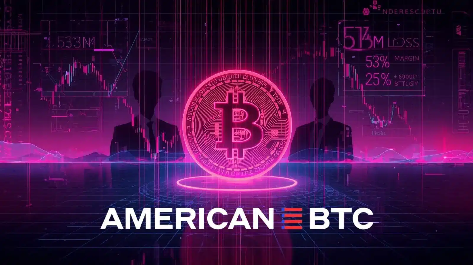 Ortada parlak bir Bitcoin sembolünün yer aldığı, neon pembe, mor ve mavi tonlarda dijital bir illüstrasyon. Etrafında holografik finansal grafikler ve düşen mum grafikleri bulunuyor. Arka planda iki silüet iş insanı yer alırken, fütüristik veri ekranlarında “$153M Loss” ve “53% Margin” gibi finansal metrikler gösteriliyor. Alt bölümde kalın harflerle “AMERICAN BTC” yazısı, siberpunk tarzı bir grid ve yüksek teknolojili arka plan üzerinde konumlanmış.
