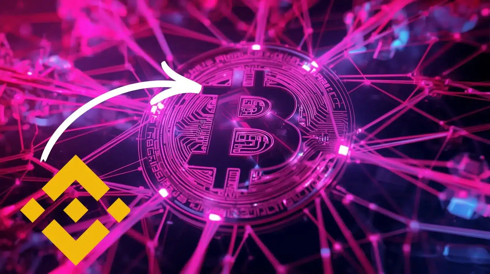 Dijital bir ağın merkezinde parlayan bir Bitcoin sembolünü gösteren soyut neon illüstrasyon; sarı Binance logosundan Bitcoin’e doğru uzanan beyaz bir ok, Binance’in fonları Bitcoin’e taşımasını veya Bitcoin ile bağlantısını temsil ediyor.