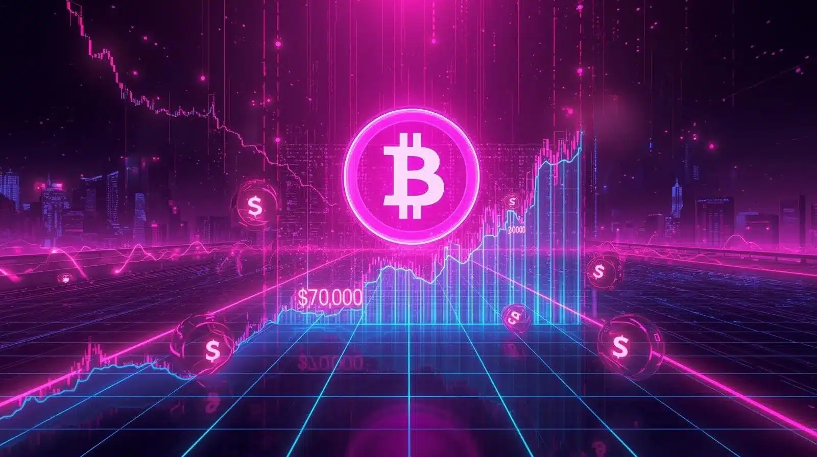 Neon pembe, mor ve mavi tonlarda fütüristik bir kripto sahnesi; dijital bir işlem ızgarasının üzerinde parlayan büyük bir Bitcoin sembolü yer alıyor. Fiyat grafiği vurgulanan 70.000 dolar seviyesine doğru keskin bir yükseliş gösterirken, holografik mum grafikleri ve yüzen dolar simgeleri görülüyor. Arka planda siberpunk tarzı bir şehir silüeti parlıyor ve güçlü bir yükseliş ivmesi ile birlikte altta yatan piyasa oynaklığını yansıtıyor.