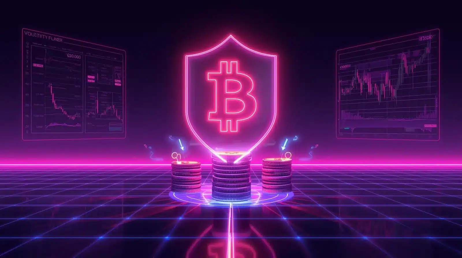 Fütüristik mor ve mavi ızgara zemin üzerinde, yığın halindeki coinlerin üzerinde duran parlak bir kalkanın içinde neon pembe Bitcoin sembolü. Arka planda iki holografik işlem grafiği yer alırken, küçük aşağı yönlü oklar coinlere doğru işaret ederek piyasa oynaklığı ve düşüşe karşı korumayı simgeliyor.