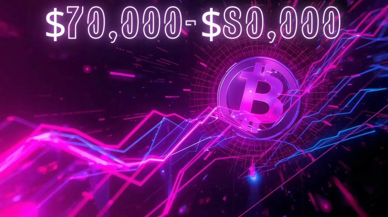 Ortada Bitcoin sembolünün yer aldığı neon mor bir görsel; etrafında yükselişi temsil eden parlak fiyat çizgileri ve dijital grafikler bulunuyor, üst kısımda ‘$70.000–$80.000’ metni yer alarak Bitcoin fiyat aralığını gösteriyor.
