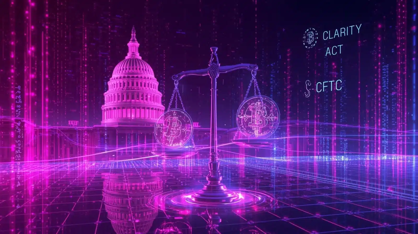 Blockchain tarzı dijital bir şehir manzarası arka planında, Bitcoin sembollerini dengeleyen parlayan bir adalet terazisinin önünde yer alan ABD Kongre Binası’nı gösteren; “CLARITY Act” ve “CFTC” holografik yazıları içeren neon pembe, mor ve mavi tonlarda fütüristik illüstrasyon.