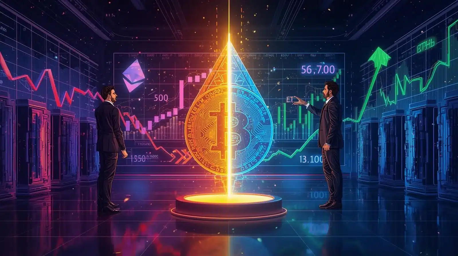 Büyük ve ortadan ikiye bölünmüş, parlayan bir Bitcoin sembolünün iki yanında duran iki iş insanını gösteren fütüristik bir finans illüstrasyonu. Sol tarafta piyasa düşüşünü simgeleyen kırmızı aşağı yönlü fiyat grafikleri yer alırken, sağ tarafta yükselişi temsil eden yeşil yukarı yönlü grafikler bulunuyor. Arka planda Ethereum ve Bitcoin simgeleri ile dijital işlem ekranları görülüyor; bu da farklılaşan yatırımcı stratejilerini yansıtan yüksek teknolojili bir kripto piyasa atmosferi oluşturuyor.