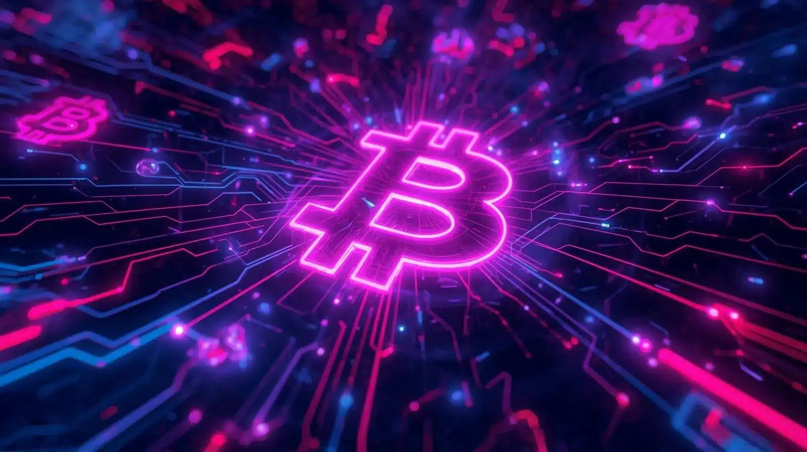 Fütüristik bir dijital sahnenin merkezinde parlayan neon pembe bir Bitcoin sembolü yer alıyor; etrafından canlı magenta ve mavi devre çizgileri dışa doğru yayılıyor. Arka plan, ışık saçan parçacıklar ve hareket bulanıklığı efektleriyle dinamik, siberpunk tarzında bir atmosfer oluşturan yüksek teknolojili bir anakart veya veri ağı görünümünde.
