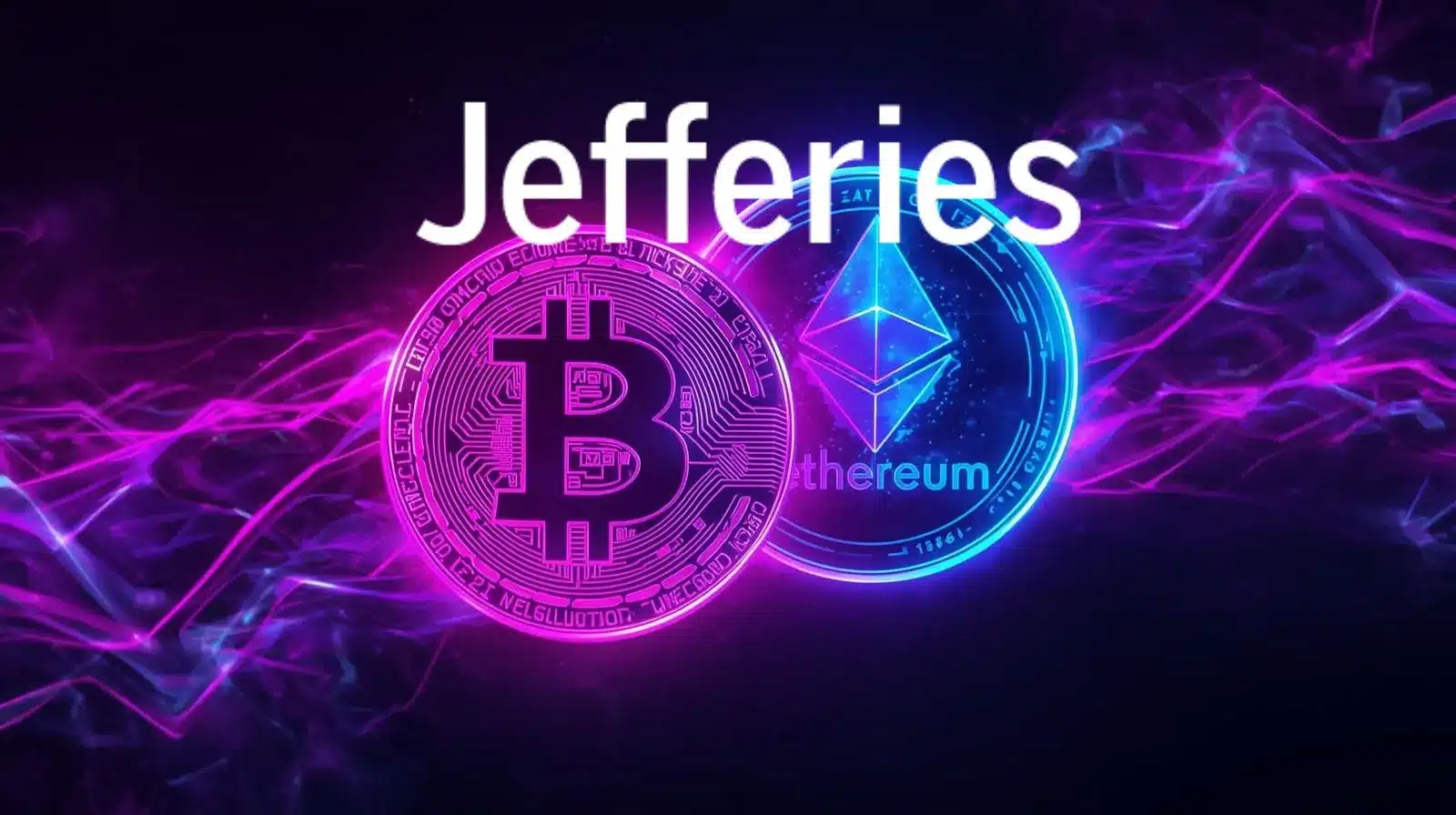 Bitcoin and Ethereum symbols rendered in purple and blue neon on a dark background, with the word ‘Jefferies’ above and flowing digital wave effects suggesting the cryptocurrency market.