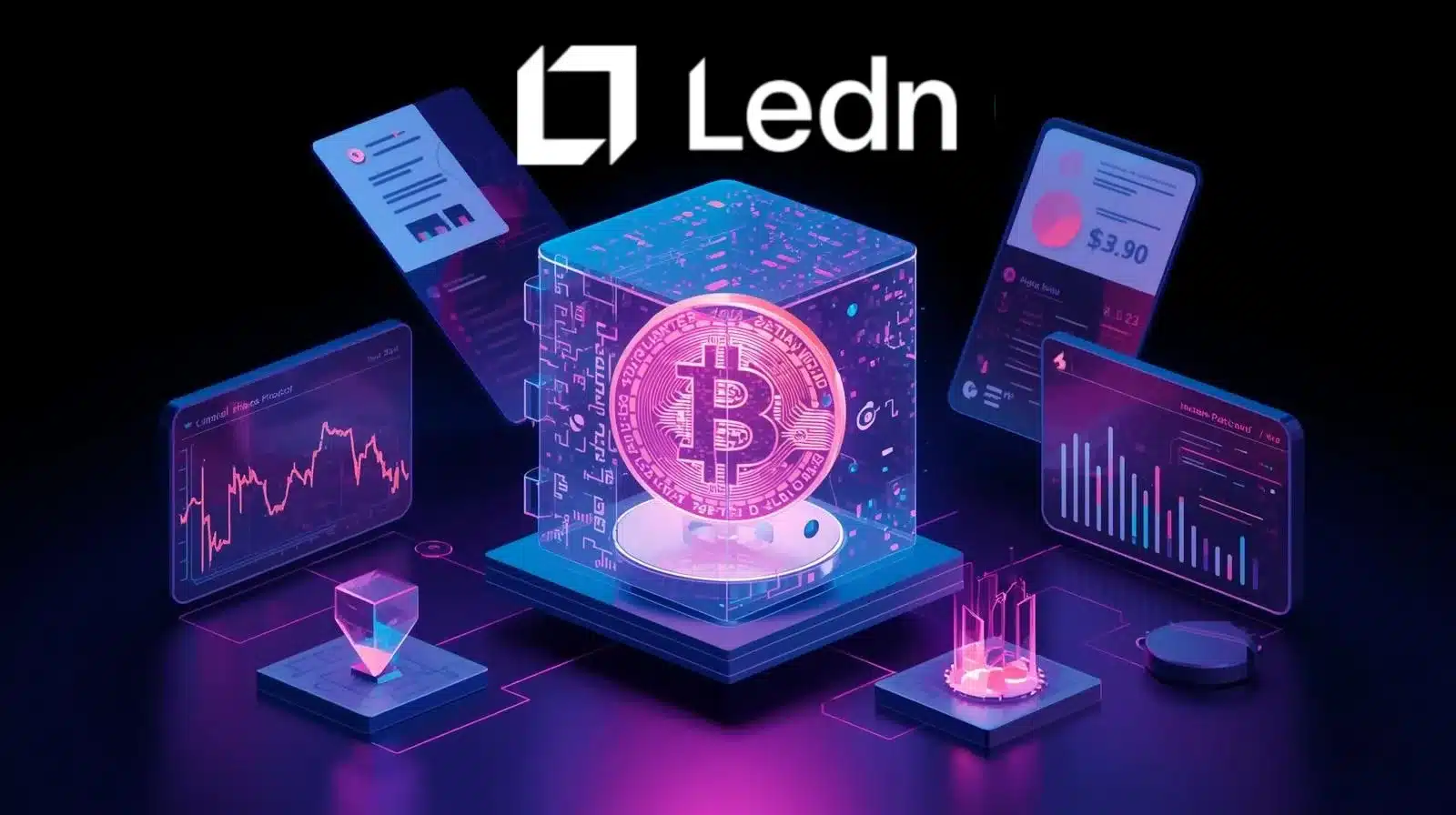 Mavi, pembe ve mor neon tonlarında tasarlanmış fütüristik bir illüstrasyonda, şeffaf dijital bir küpün içinde parlayan bir Bitcoin sembolü yer alıyor. Küpün etrafında yüzen finansal paneller ve grafikler bulunuyor. Üst kısımda Ledn logosu görülüyor. Görsel, bitcoin teminatlı bir tahvil işlemini ve kripto destekli menkul kıymetleri temsil ediyor.