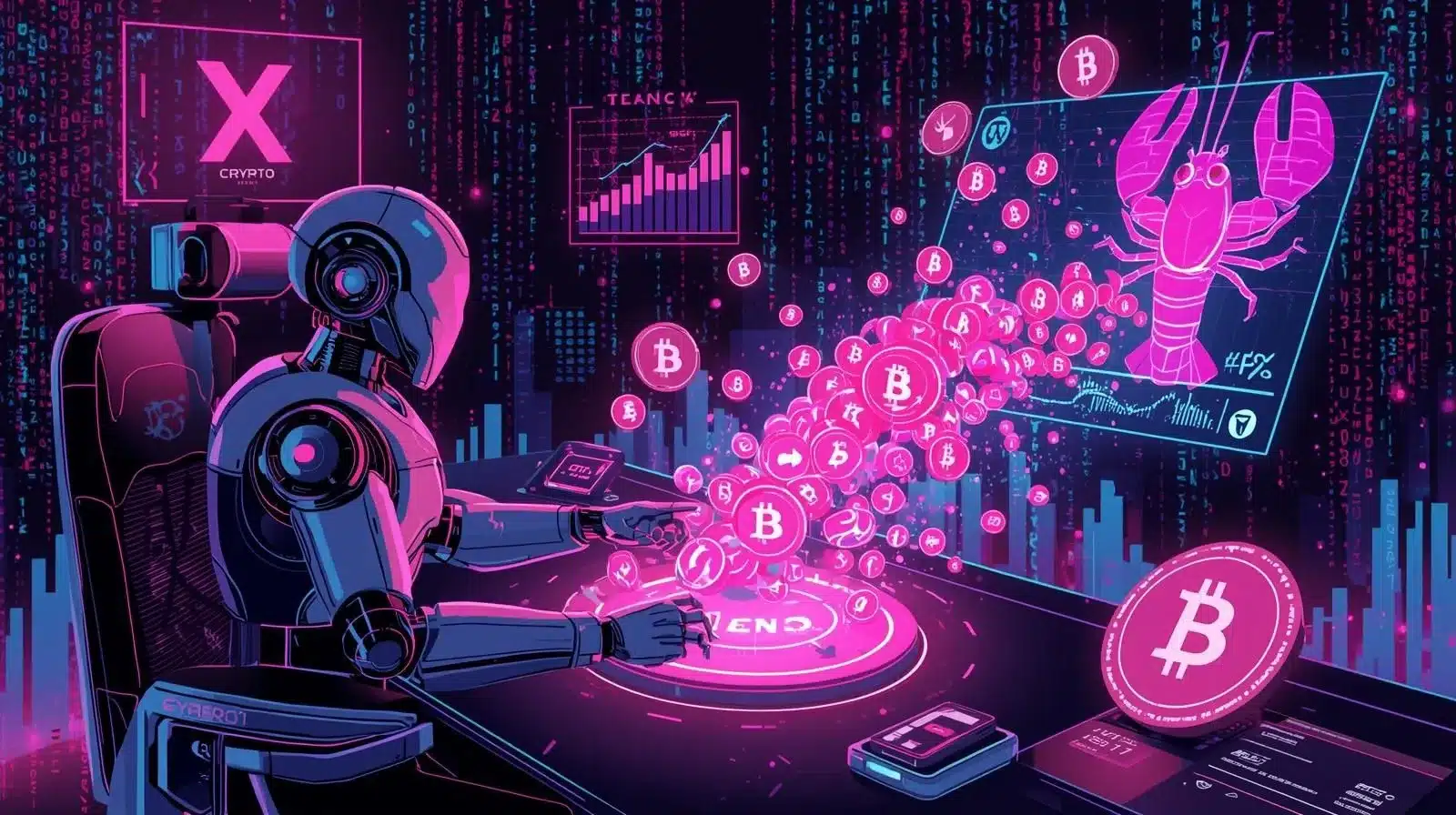 Neon cyberpunk illustration of a humanoid AI robot at a futuristic trading desk in glowing pink, purple, and blue tones, sending a stream of floating cryptocurrency coins into a holographic social media interface labeled “X.” A large digital screen displays a lobster-themed token graphic and rising price chart, while Bitcoin symbols and data streams fill the background with a high-tech, blockchain atmosphere.
