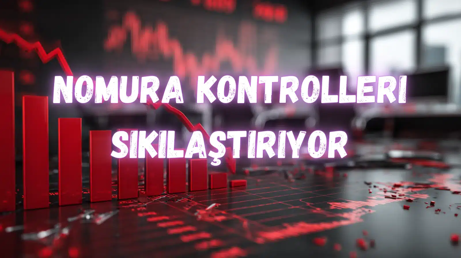 Kırmızı düşen finansal grafikler ve çubuk grafiklerle Nomura Kontrolleri Sıkılaştırıyor metni, kripto piyasa kayıplarına kurumsal risk yönetimi yanıtını gösteriyor