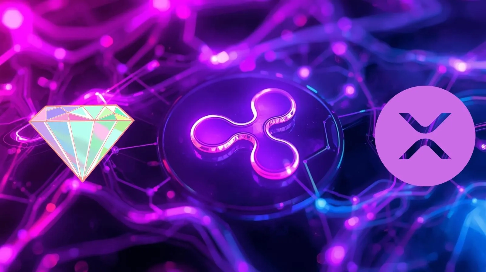 Neon moru tonlarda, fütüristik bir illüstrasyon; solda çok yüzlü bir elmas, ortada parlayan Ripple (XRP) triskelion logosu ve sağda dairesel bir XRP amblemi gösteriyor. Tüm bu semboller, dijital bir blok zinciri ağını çağrıştıran ışıklı çizgiler ve düğümlerle birbirine bağlanmış.