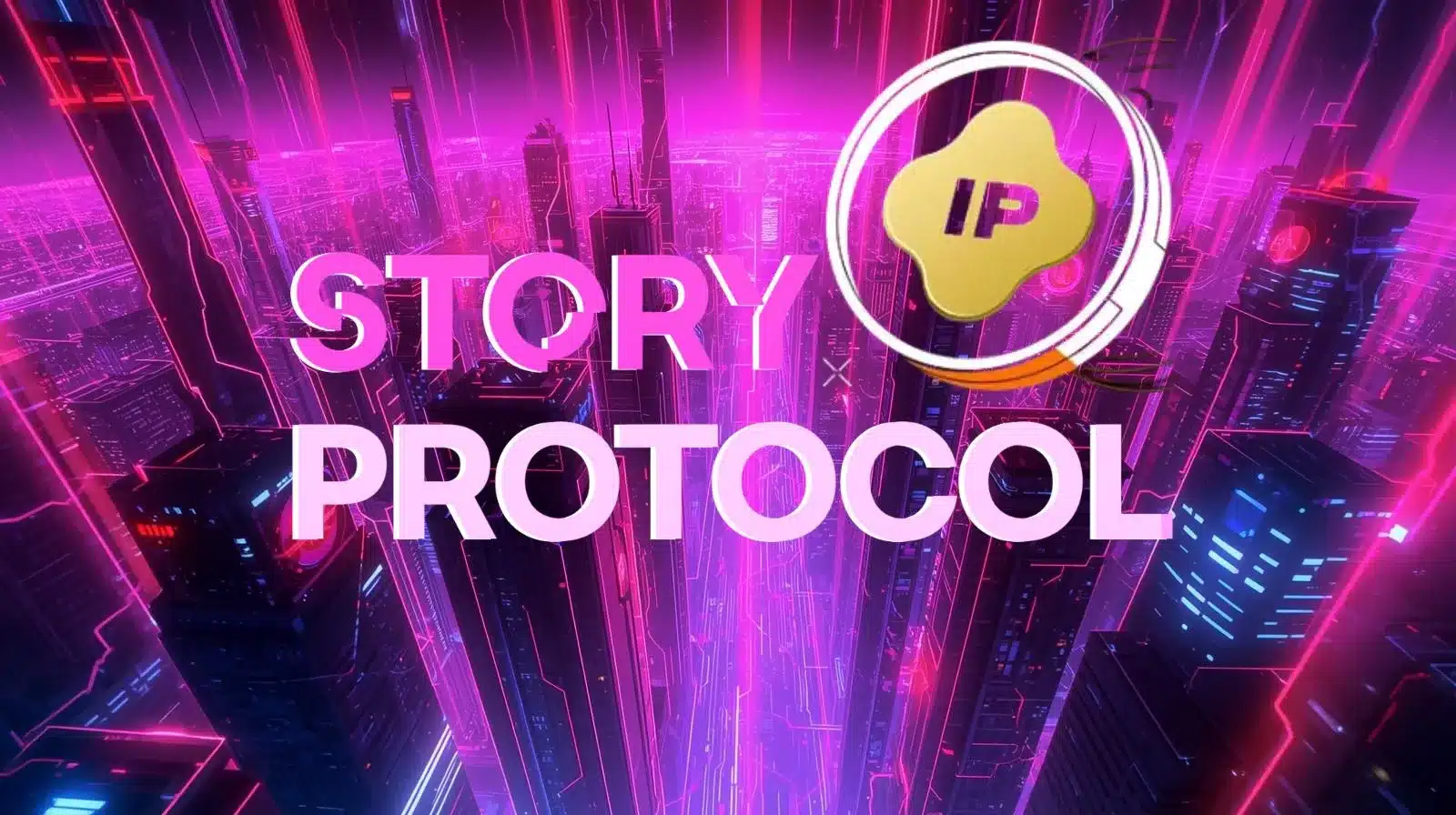 A neon futuristic cityscape in bright pink and purple tones with glowing skyscrapers and digital grid lines, overlaid with large text reading “STORY PROTOCOL” and a circular logo containing the letters “IP” in gold.