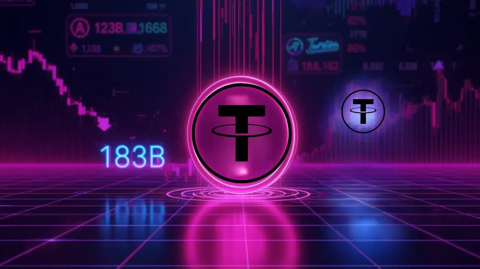 **Alt metin:** Dijital grid zemin üzerinde ortada parlayan Tether (USDT) logosunun yer aldığı neon pembe ve mor tonlarda bir illüstrasyon. Yanında mavi renkte “183B” yazısı bulunuyor. Arka planda mavi ve magenta tonlarında düşen mum grafikleri ve piyasa veri panelleri yer alarak Tether’in piyasa değerindeki gerilemeyi simgeliyor.