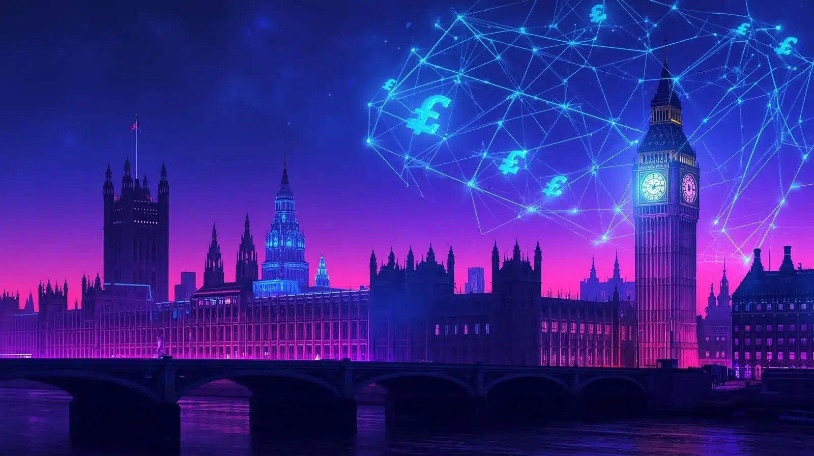 Alacakaranlıkta Londra silüetinin stilize edilmiş dijital illüstrasyonu; mor ve mavi neon tonlarla aydınlatılmış Big Ben ve Parlamento Binası görülüyor. Şehrin üzerinde, gökyüzüne yansıtılmış birbirine bağlı çizgilerden oluşan parlayan bir blokzincir ağı ve etrafa dağılmış sterlin (£) sembolleri yer alıyor; bu da Birleşik Krallık’ta kripto para ve dijital finans temasını simgeliyor.
