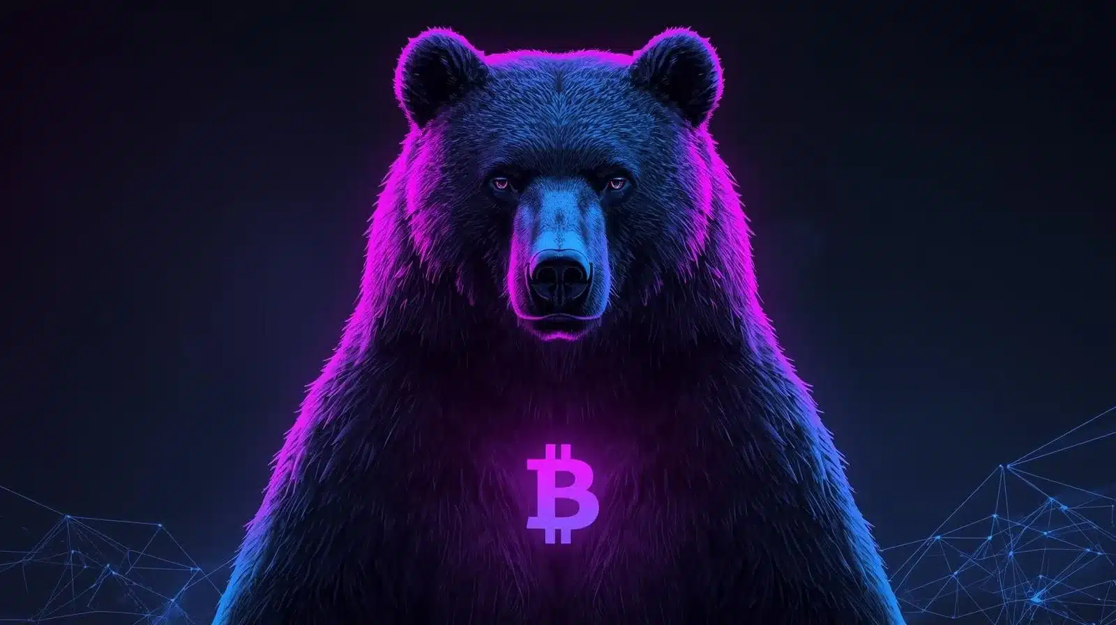 A digital illustration of a large bear with a glowing purple Bitcoin symbol on its chest, set against a dark background with neon blue and purple accents.