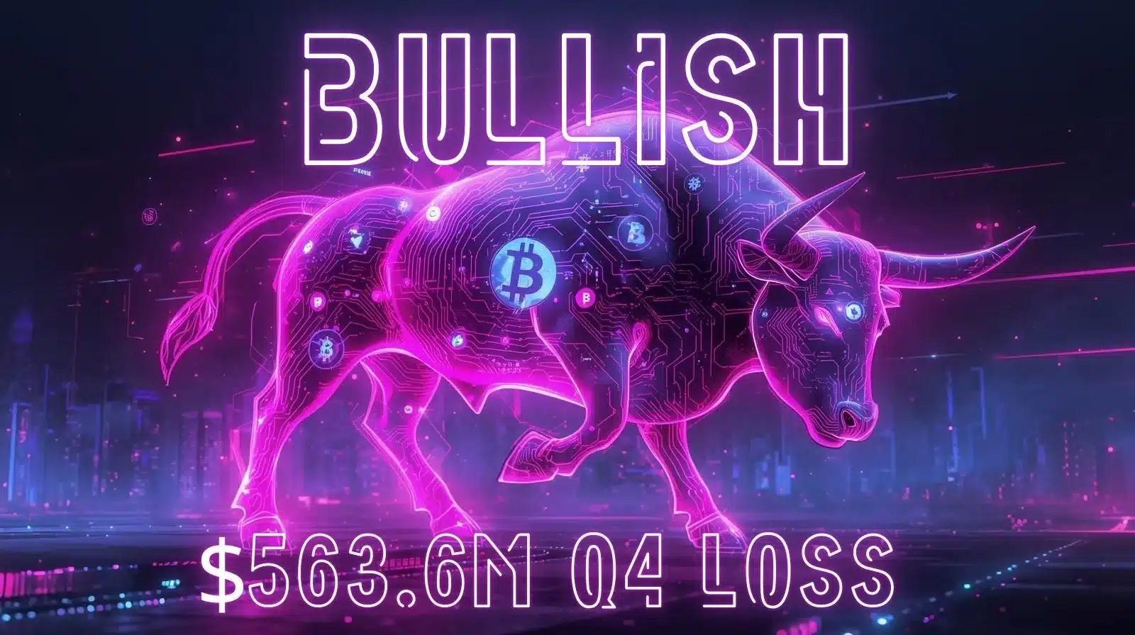Fütüristik bir şehir arka planı üzerinde, devrelerden oluşan ve kripto piyasasında yükseliş trendini simgeleyen, içine Bitcoin simgeleri yerleştirilmiş, parlayan mor bir boğa dijital illüstrasyonu; üzerinde ‘BULLISH’ ve ‘$563.6M Q4 LOSS’ yazıları yer alıyor.