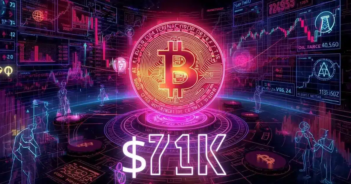 Neon pembe, mor ve mavi tonlarında fütüristik bir kripto işlem ortamı; ortada parlayan büyük bir Bitcoin sembolü ve altında “$71K” yazısı yer alıyor. Arka planda finansal grafikler, piyasa verileri ve dijital ticaret panelleri bulunarak Bitcoin fiyatının yükselişini ve kripto piyasasındaki hareketliliği temsil ediyor.