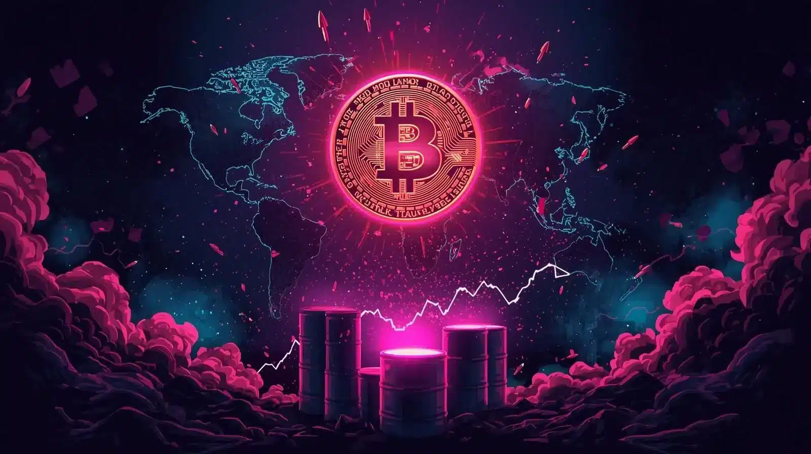 Neon pembe, mor ve mavi tonlarda parlayan Bitcoin sembolü dünya haritası üzerinde; arka planda füzeler ve petrol varilleri, yükselen fiyat grafiği ve jeopolitik gerilim teması.