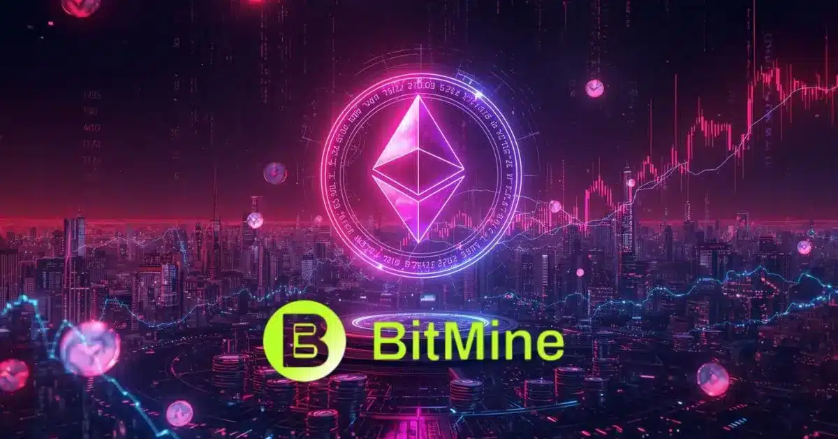 Neon cyberpunk-style illustration of a glowing Ethereum logo floating above a futuristic city skyline, with pink, purple, and blue holographic charts and rising market graphs in the background, and the word “BitMine” displayed prominently in bright green at the bottom.
