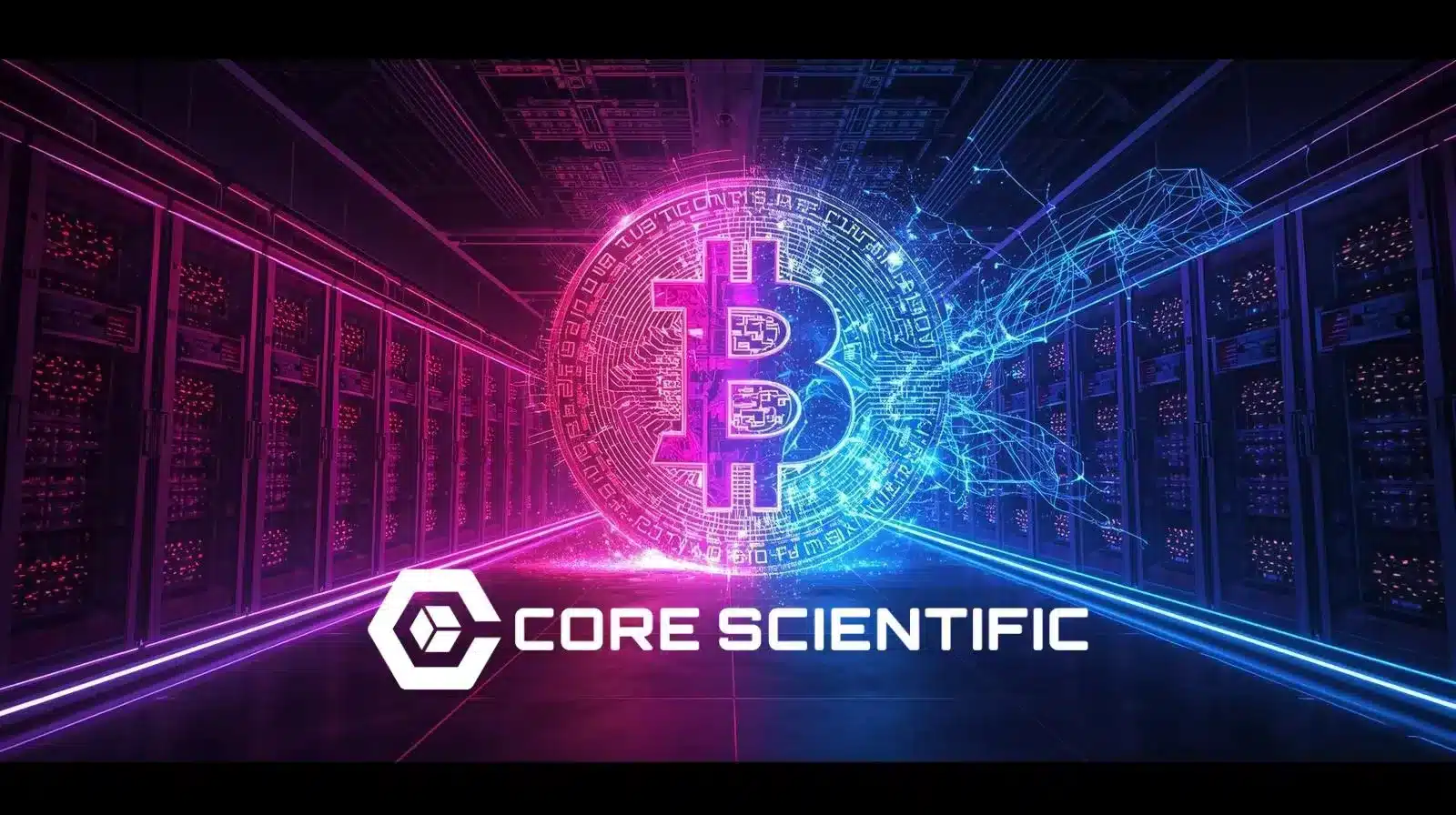 Neon pembe, mor ve mavi tonlarda Bitcoin sembolü bulunan fütüristik bir veri merkezinde Core Scientific logosu, kripto madenciliğinden yapay zekâ altyapısına geçişi temsil ediyor.