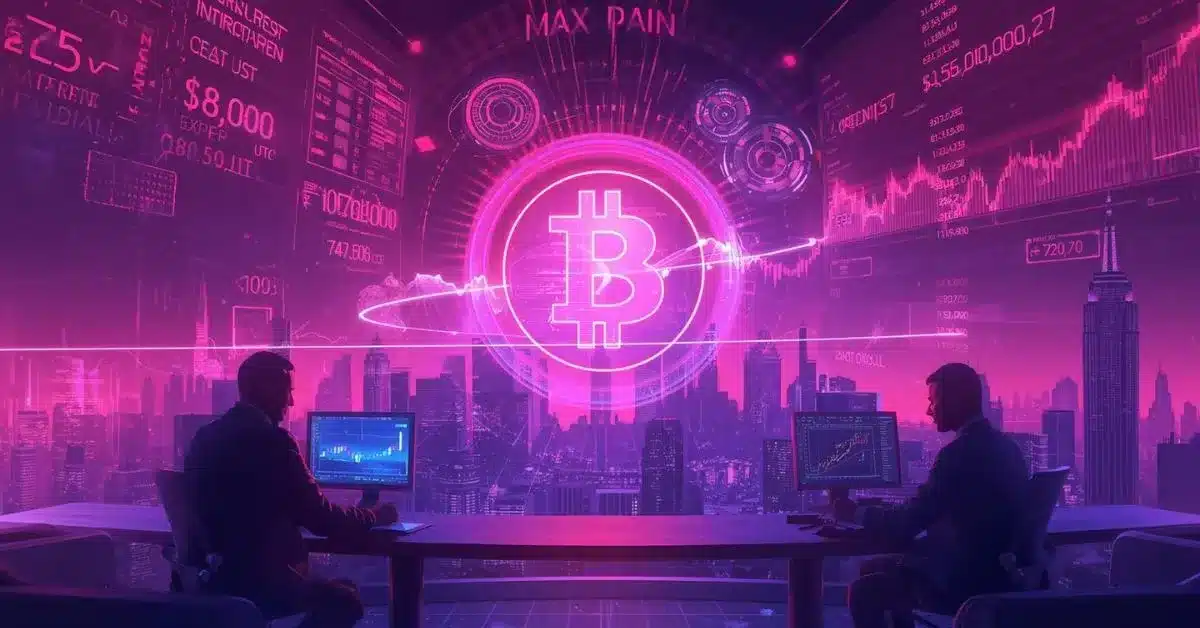 Futuristic neon-toned scene in pink, purple, and blue showing two traders at computer screens overlooking a city skyline, with a glowing Bitcoin symbol in the center surrounded by holographic charts, price graphs, and financial data, illustrating a high-tech crypto trading environment.