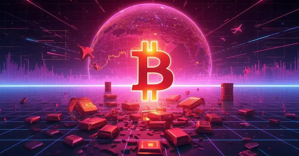A glowing neon Bitcoin symbol stands at the center of a futuristic digital landscape, illuminated in pink, purple, and blue. Behind it, a holographic globe and rising chart lines suggest market movement, while cracked gold bars and oil barrels lie scattered in the foreground. Fighter jets and streaking lines in the sky hint at geopolitical tension, symbolizing Bitcoin’s resilience amid global conflict and traditional market instability.