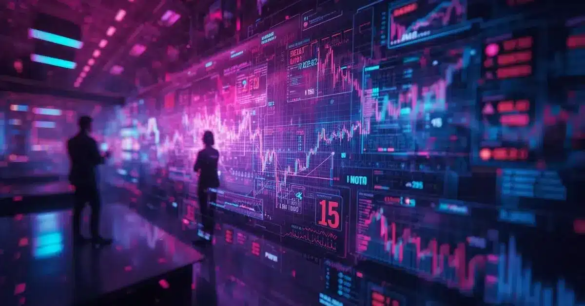 Fütüristik bir işlem odasında, neon pembe, mor ve mavi tonlarda finansal grafikler ve veriler gösteren büyük holografik ekranlar önünde piyasa trendlerini analiz eden siluet halindeki kişiler.