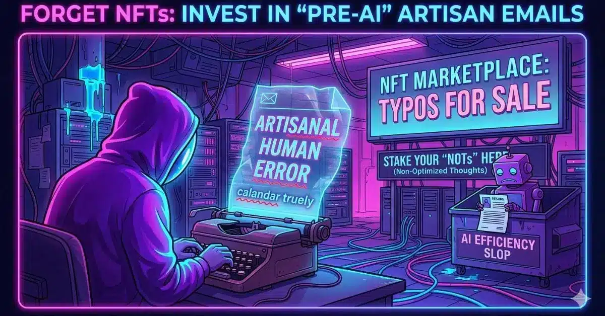 *Cyberpunk tarzında bir sunucu odasında, “zanaatkâr insan hatası” içeren e-postalar üreten daktilo başında kapüşonlu bir kişi ile yapay zekâ tarafından üretilmiş içerikler satan robotik bir NFT pazaryerinin karşılaştırıldığı neon ışıklı fütüristik illüstrasyon.*