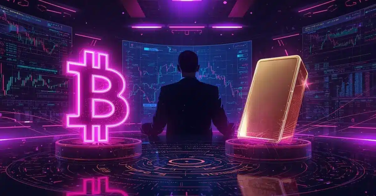 Silhouetted trader analyzing market charts on futuristic screens, with a glowing neon Bitcoin symbol and a gold bar displayed side-by-side in a cyberpunk-style trading room lit with neon pink, purple, and blue lights.