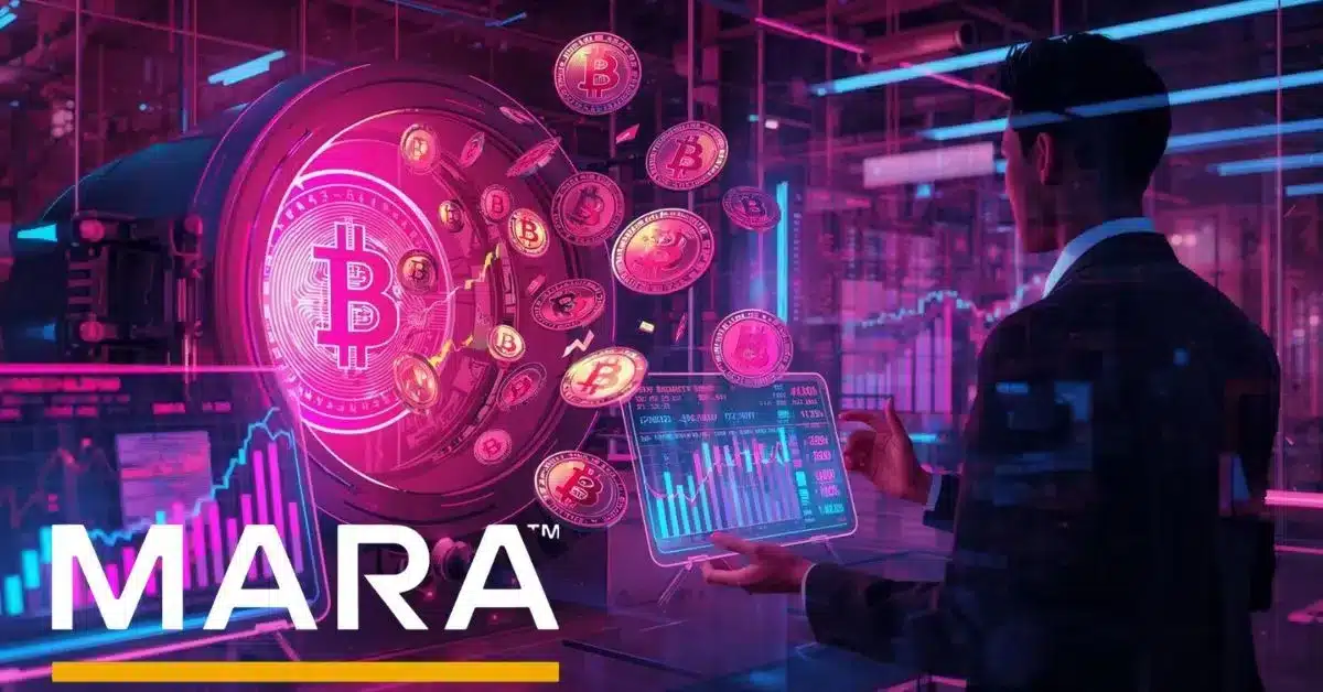 MARA Holdings Bitcoin strategy – digital vault with BTC coins and rising financial charts in neon colors