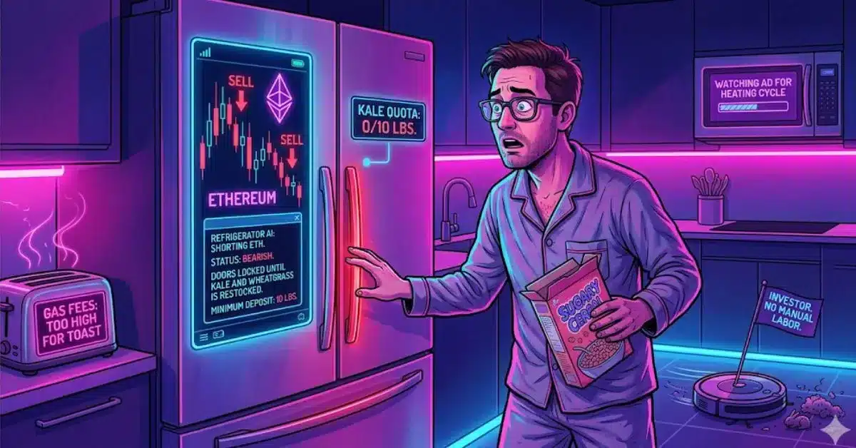 Neon ışıklarla aydınlatılmış bir mutfakta şaşkın bir adam, Ethereum işlem grafikleri ve “sat” sinyalleri gösteren akıllı bir buzdolabına bakarken, diğer yapay zekâ destekli cihazlar yüksek gas ücretleri ve otomatik yatırım ile ilgili mizahi kripto mesajları gösterir.
