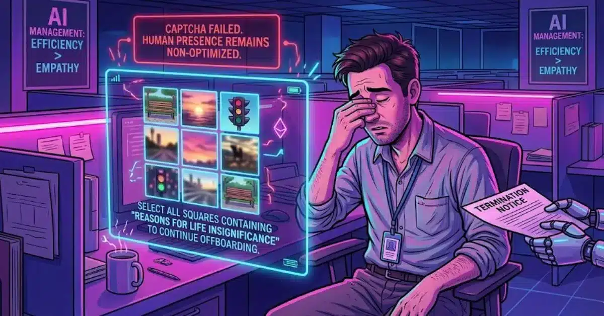 A stressed office worker sits at his desk in a neon-lit workplace, struggling with a surreal CAPTCHA test on a screen while a robotic hand hands him a termination notice, highlighting themes of AI replacing human roles.