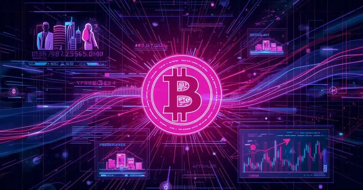 Glowing neon pink Bitcoin symbol at the center of a futuristic digital interface, surrounded by purple and blue data streams, financial charts, and analytics panels, illustrating complex crypto market activity and institutional trading flows.
