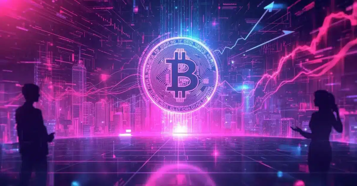Futuristic neon pink, purple, and blue cityscape with a glowing Bitcoin symbol at the center, surrounded by digital charts and upward-trending lines, while two silhouetted figures observe the data, representing rising crypto market activity and institutional inflows.