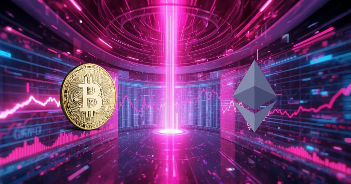 Neon pembe, mor ve mavi tonlarda fütüristik bir dijital ortam; yükselen finansal grafikleri gösteren ekranlarla çevrili. Ortada, piyasa büyümesini simgeleyen parlak dikey bir ışık yer alırken, etrafında dijital bir coin sembolü ve bir kripto parayı temsil eden geometrik bir şekil bulunuyor.