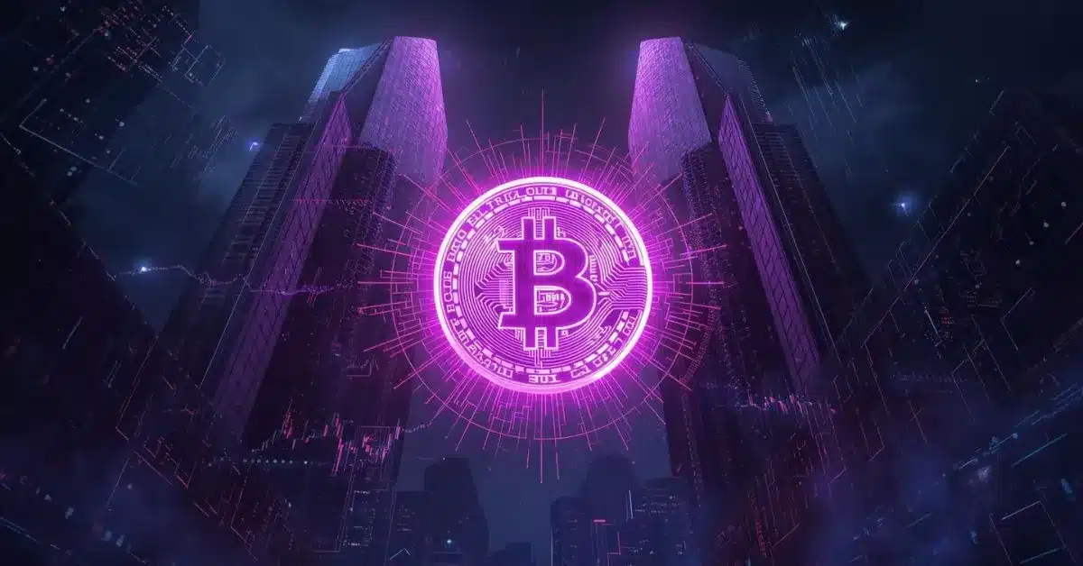 Karanlık, siberpunk tarzı bir şehirde, iki fütüristik gökdelenin arasında süzülen neon mor parlayan bir Bitcoin sembolü; etrafı dijital çizgiler ve enerji efektleriyle çevrili.