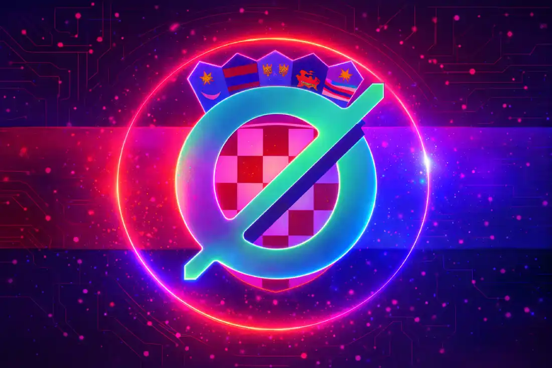 Siberpunk tarzda Hırvatistan bayrağı, kırmızı beyaz dama desenli arma üzerinde turkuaz Ø logosu, pembe mor ve mavi neon parıltılar ve fütüristik devre arka planı ile dijital tasarım