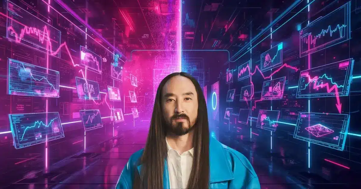 Uzun saçlı bir adam, neon pembe, mor ve mavi tonlarla aydınlatılmış fütüristik bir dijital ortamda duruyor; etrafında aşağı yönlü grafikler gösteren çok sayıda ekran yer alıyor ve bu sahne kripto piyasasındaki düşüşü simgeliyor.