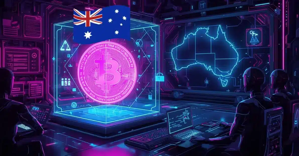 Fütüristik neon siberpunk tarzında bir kontrol odasında, şeffaf bir dijital küp içinde parlayan pembe Bitcoin sembolü yer alıyor. Üstte Avustralya bayrağı bulunurken, arka planda holografik Avustralya haritası ve güvenlik ikonları görülüyor. Etrafı mor ve mavi tonlarında veri panelleriyle çevrili ortamda, ekranları izleyen iki robotik figür sistemi denetliyor.