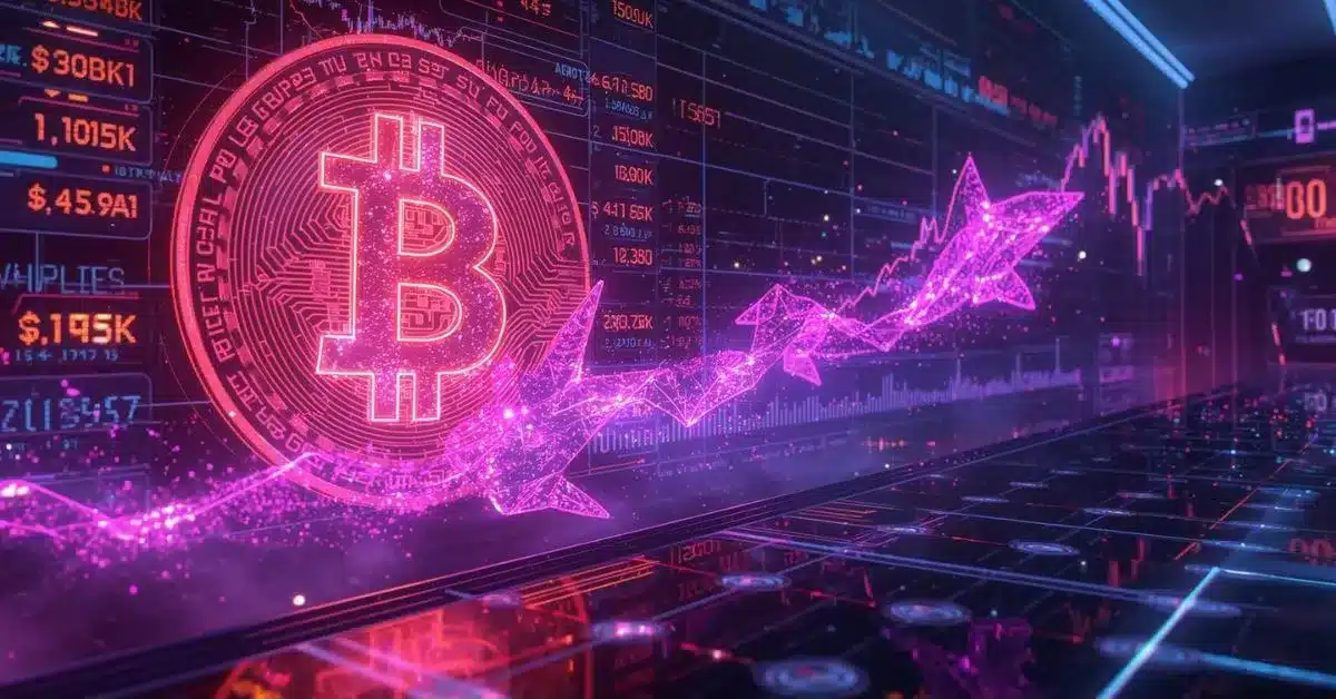 A glowing neon Bitcoin symbol dominates a futuristic trading screen as digital origami-style bulls surge upward along a rising price chart, symbolizing bullish momentum in the crypto market, all set in pink, purple, and blue tones.
