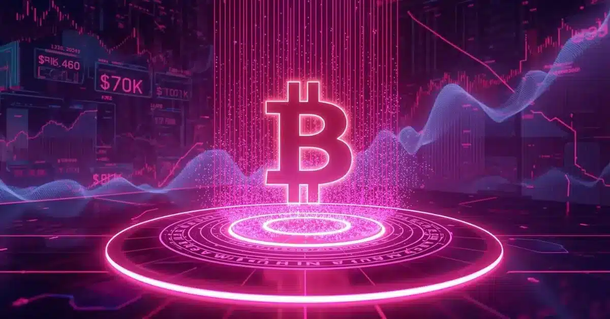 A glowing neon Bitcoin symbol hovers above a circular digital platform, surrounded by futuristic financial charts and data lines in pink, purple, and blue tones, illustrating cryptocurrency market activity and price movement around the $70K level.