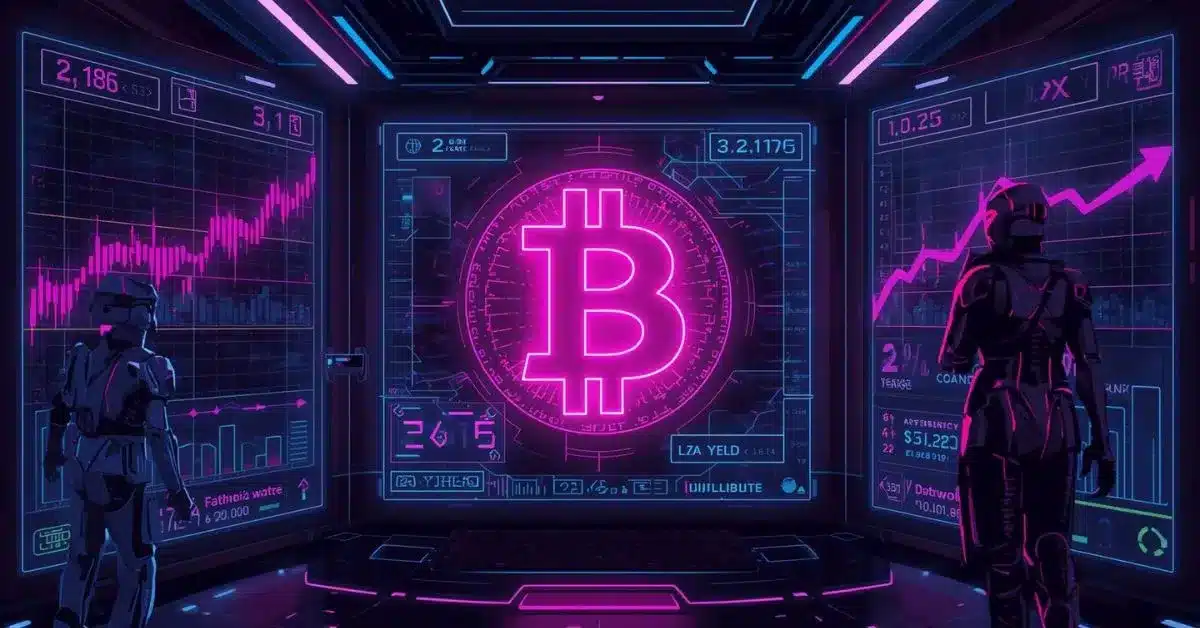 Fütüristik neon siberpunk tarzında bir sahne: Yüksek teknolojiye sahip bir kontrol odasının merkezinde parlak pembe renkte ışıldayan bir Bitcoin sembolü yer alıyor. Etrafı mor ve mavi tonlarında holografik işlem grafikleri ve veri panelleriyle çevrili. Her iki tarafta ekranları izleyen robotik ya da zırhlı iki figür bulunuyor. Arka planda, karanlık ve ileri teknoloji atmosfer içinde yükselen ve dalgalanan piyasa grafikleri görülüyor.